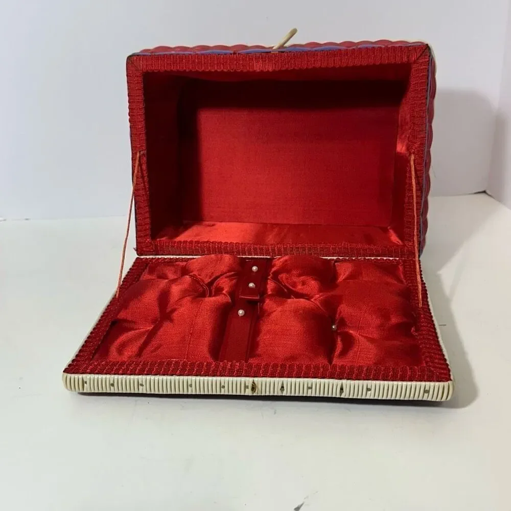 Vintage Red/White/Blue Sewing Basket with Satin Lining